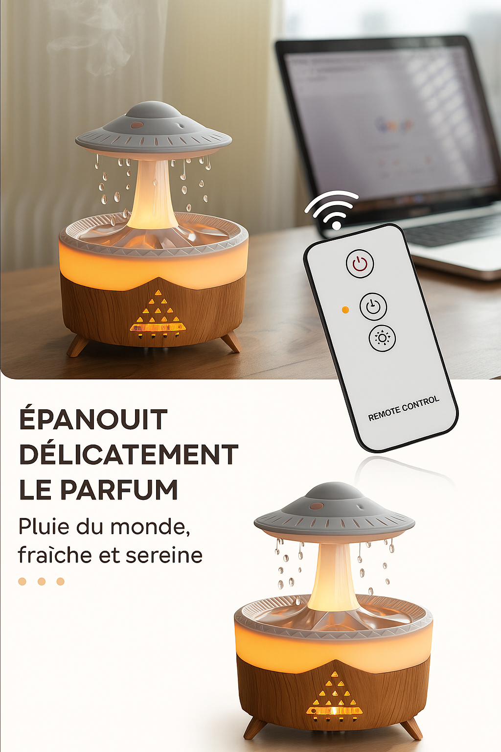 Diffuseur LED "Pluie Zen" – Ambiance Relaxante & Humidification Aromatique
